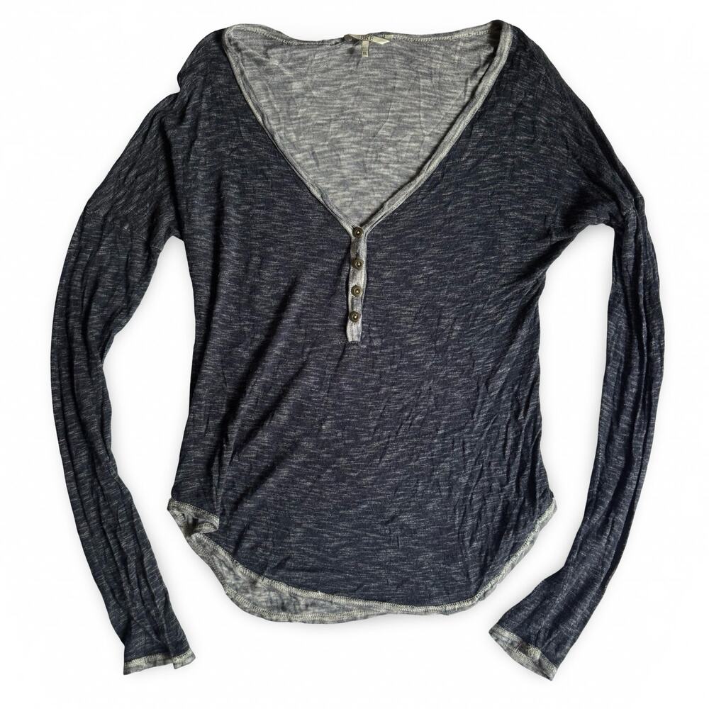 BKE Women’s XL Slub Knit Henley Long Sleeve Top Navy Blue V Neck Rayon